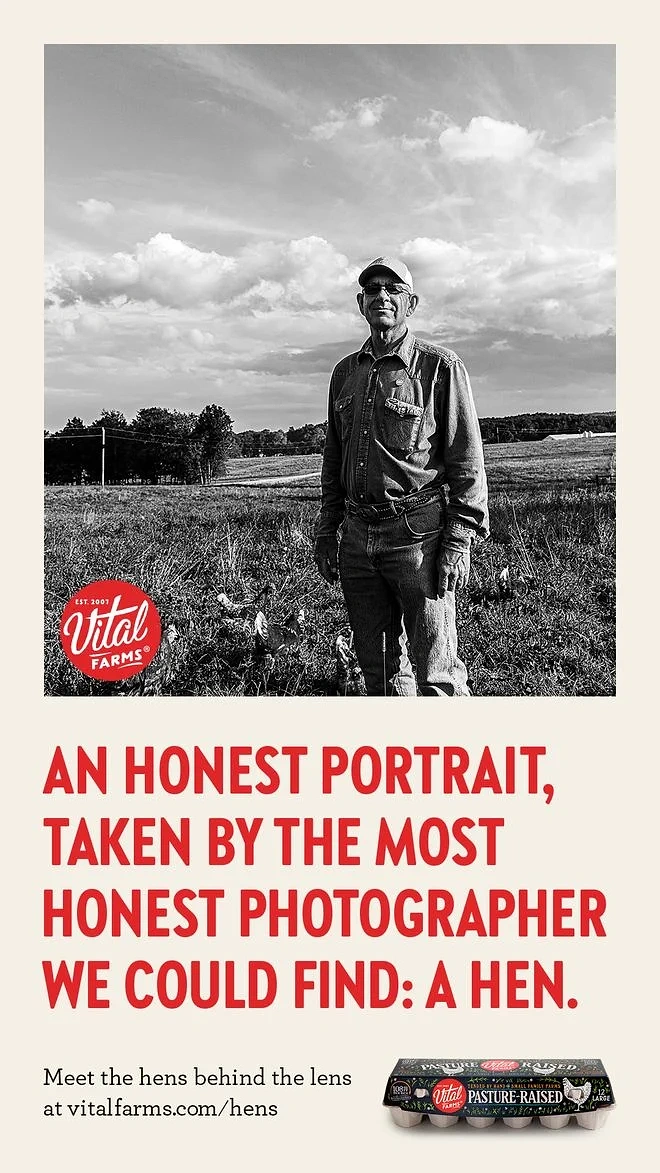 Agriculture, Seeds & Fertilizers creative ad: Black-and-white portrait of a farmer standing in a pasture with hens