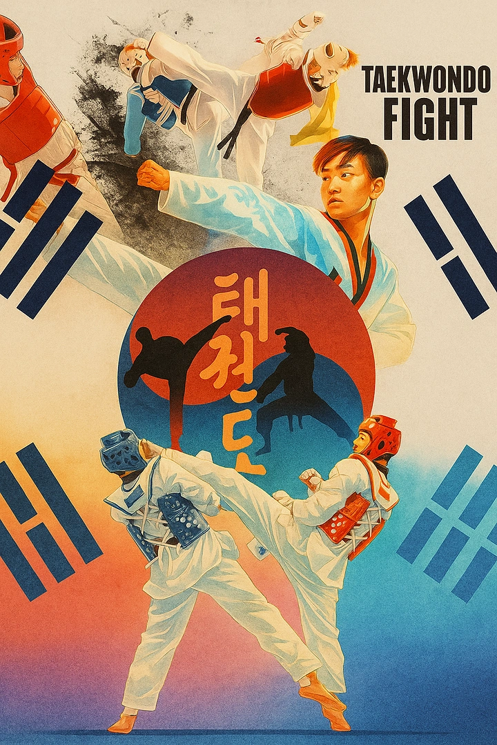 Martial Arts Academies creative ad: Taekwondo athletes sparring around a red-blue taegeuk circle