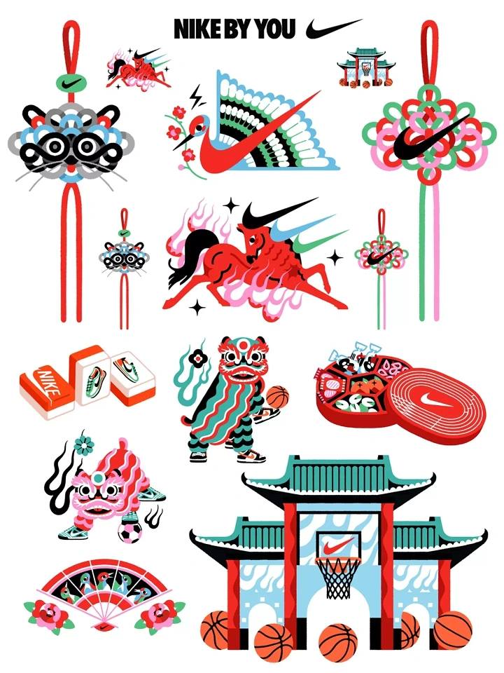 Lunar New Year creative ad: Sticker-sheet of Lunar New Year icons fused with swoosh and sports gear