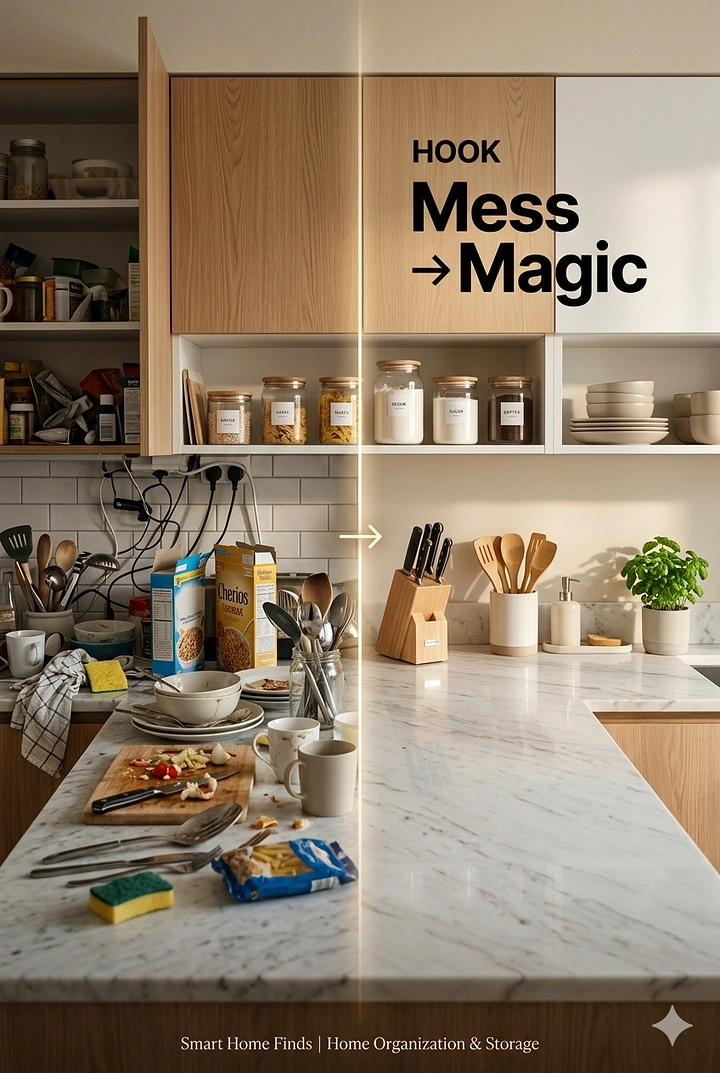 Home Renovation & Remodeling creative ad: A cluttered kitchen transformed into a clean, organized modern kitchen