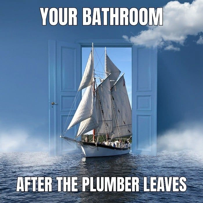 Plumbers creative ad: Flooded bathroom as sailing sea pun