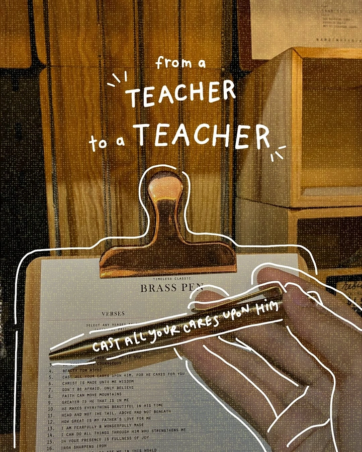 Teachers Day creative ad: Hand holding an engraved brass pen over a clipboard verse list