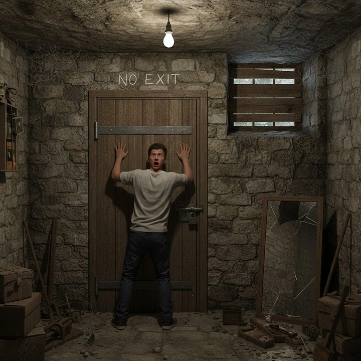 Escape Rooms creative ad: Trapped-room visual reinforces “No Exit”