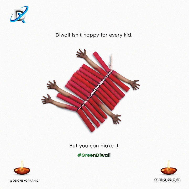 Diwali creative ad: Bundle of red firecrackers with children's arms reaching out