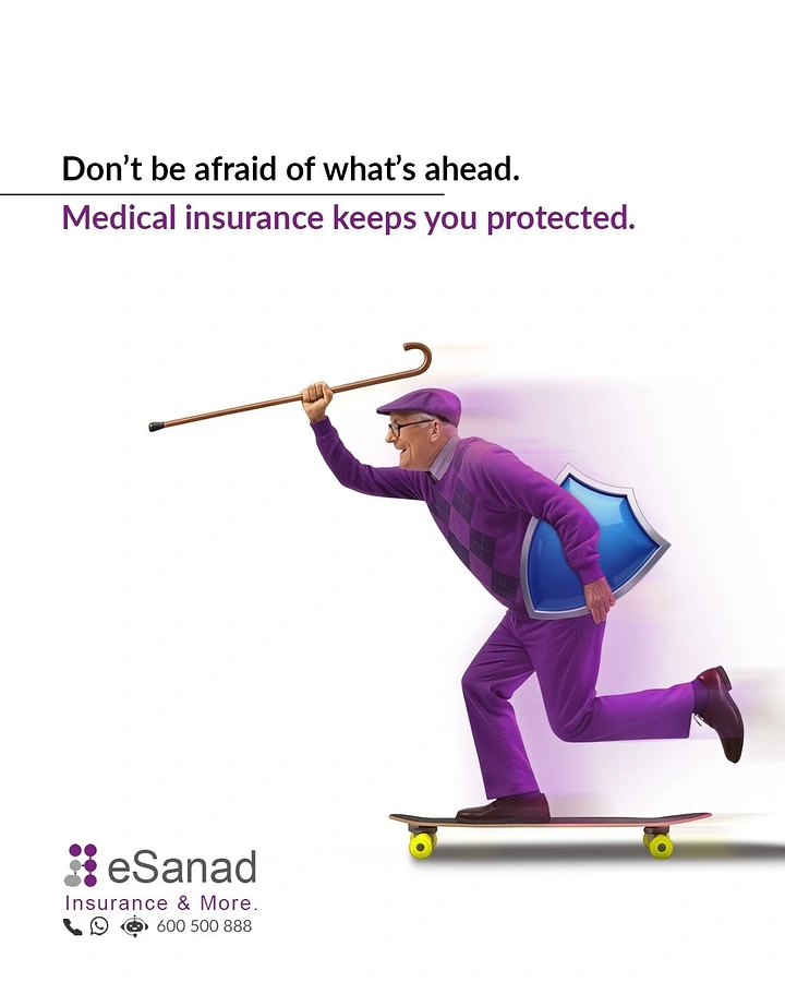 Senior Care creative ad: Elderly man in purple skateboarding with a shield and a raised cane