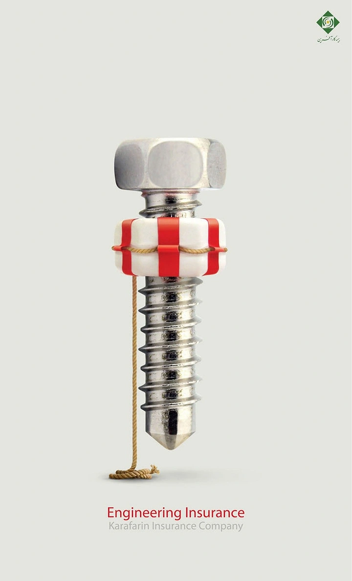 Insurance creative ad: Steel bolt wearing a red-and-white life buoy ring