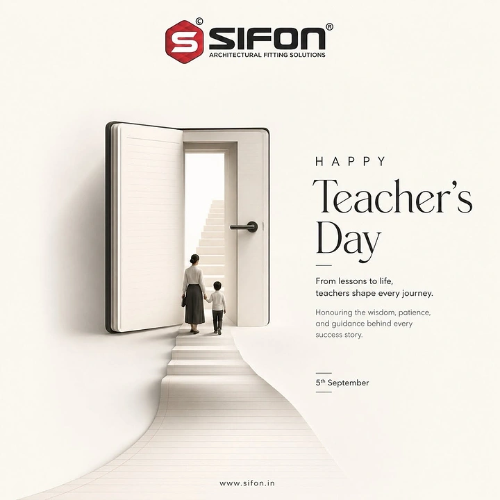 Teachers Day creative ad: Open book forming a doorway with a teacher leading a child up stairs
