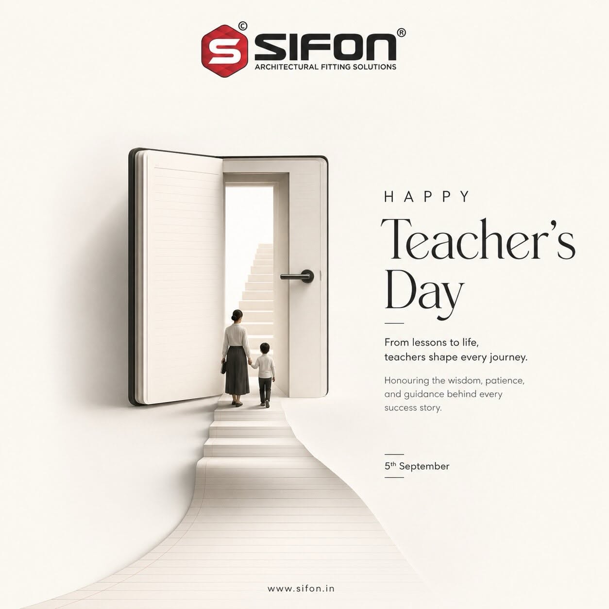 Open book forming a doorway with a teacher leading a child up stairs