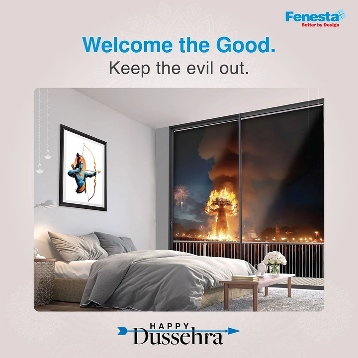 Dussehra creative ad: A contemporary bedroom whose glass doors frame a burning Dussehra effigy outside