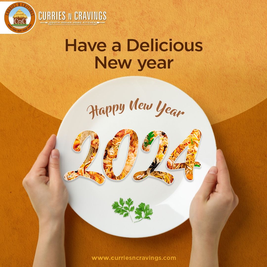 New Year Instagram post: Hands holding a white plate with year numerals filled with biryani