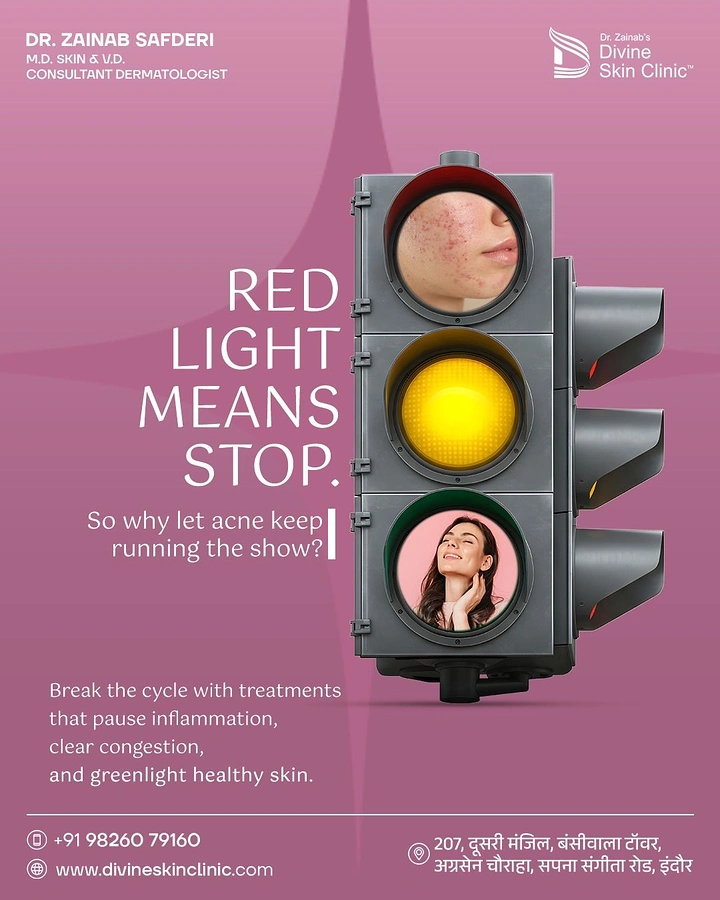 Skin & Cosmetic Clinics creative ad: Traffic light with acne skin in red lamp and clear-skinned woman in green lamp