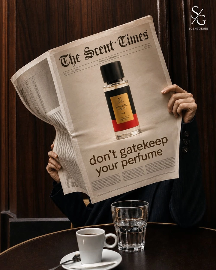 Perfume & Fragrance creative ad: A person hiding behind a newspaper whose front page is a perfume ad