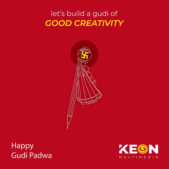 other-festival creative ad: White line-art gudi whose pole is a pencil