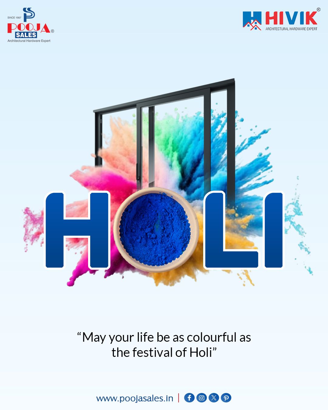Holi Instagram post: Black sliding window frame bursting with rainbow Holi powder, with a bowl of blue gulal as the O