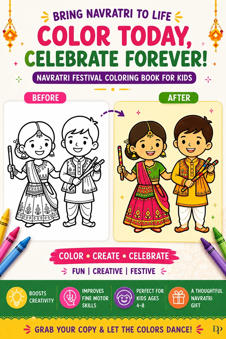 Navratri creative ad: Children in traditional Indian clothing shown before and after colouring
