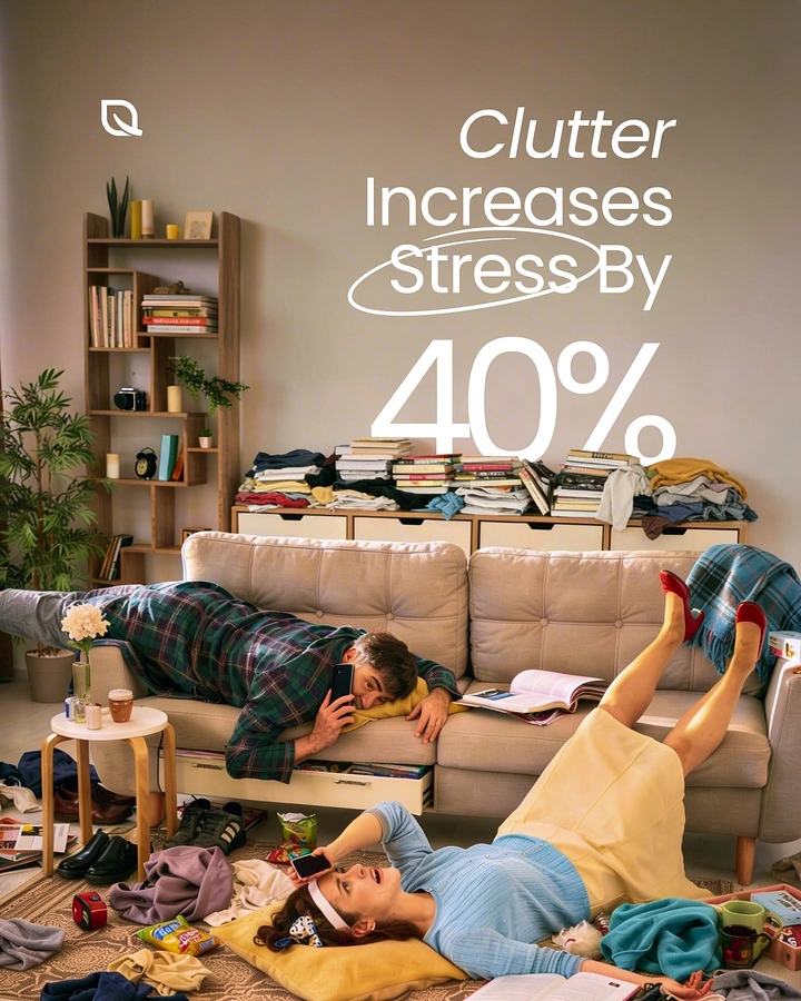 Cleaning Services creative ad: Clutter-stress stat with collapsed people scene