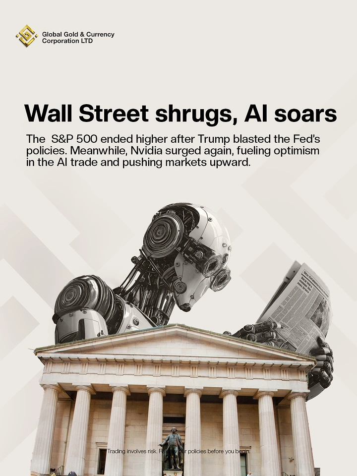 Stock Brokers & Investing creative ad: Robot reading paper atop Wall Street