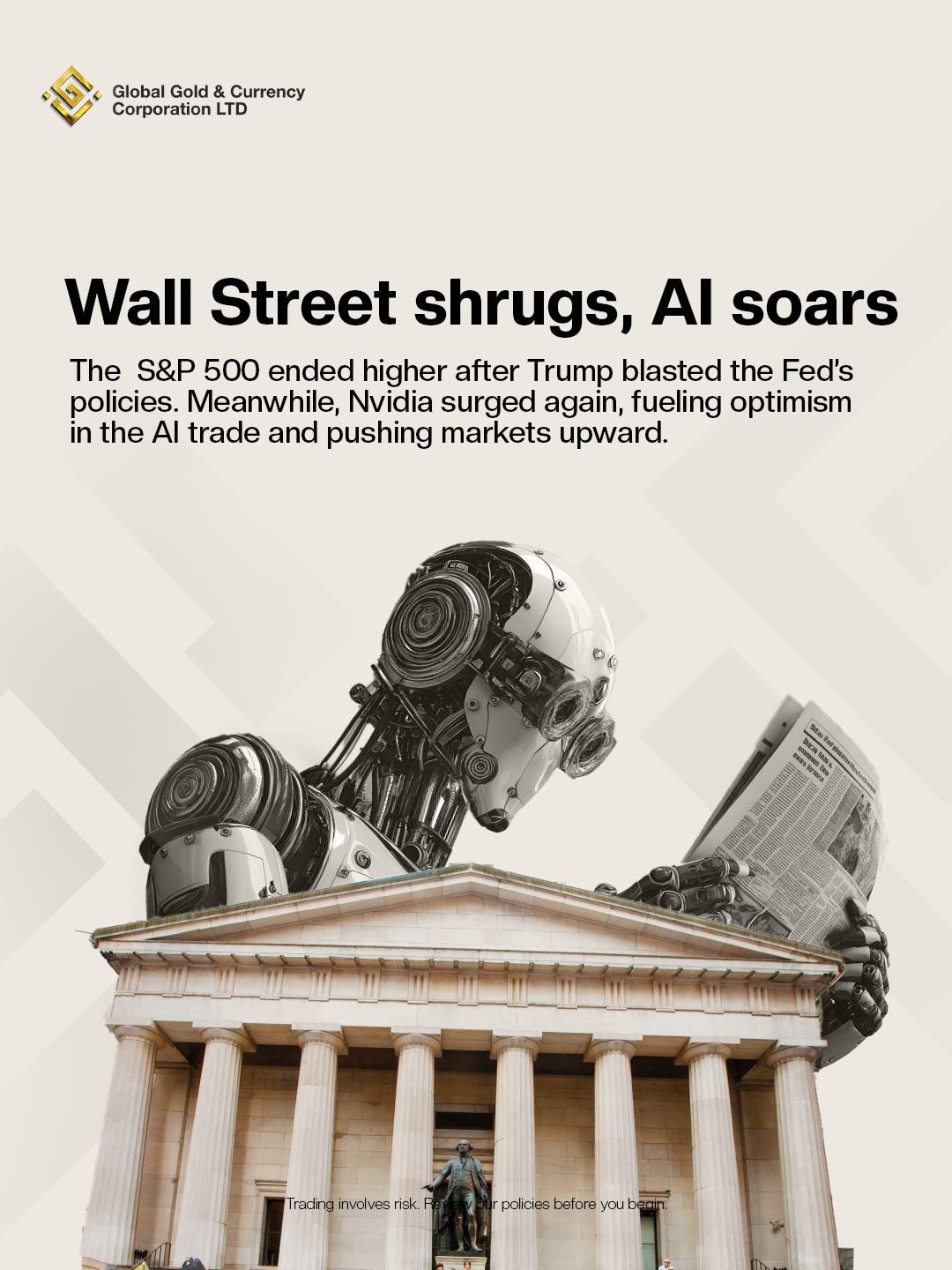 Instagram post: Robot reading paper atop Wall Street