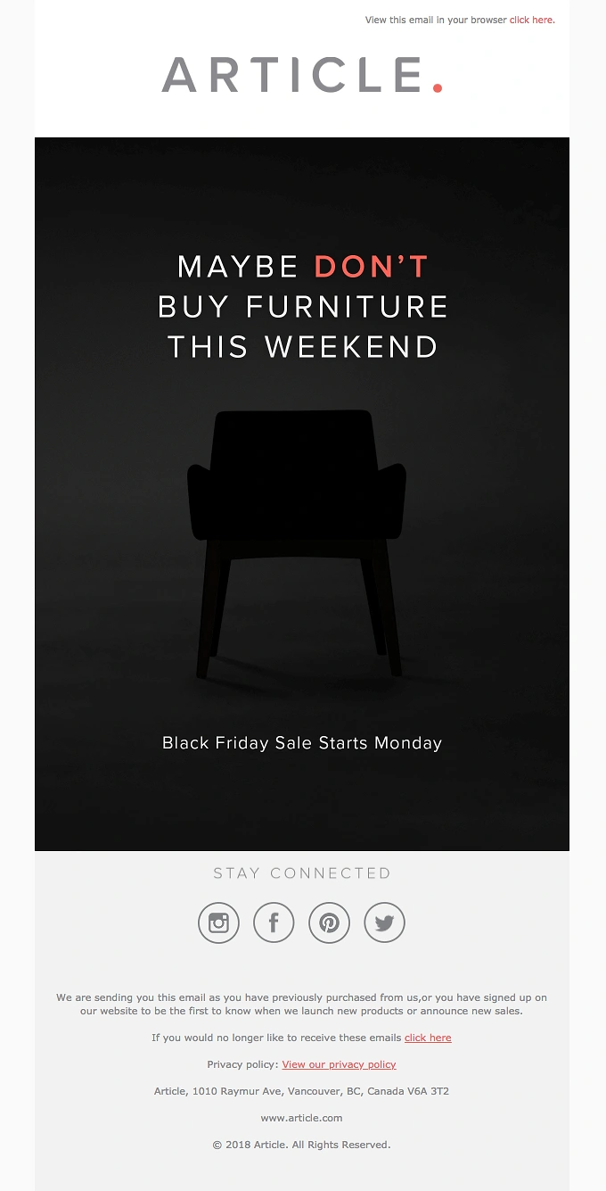 Black Friday creative ad: Dark silhouetted armchair in a spotlight