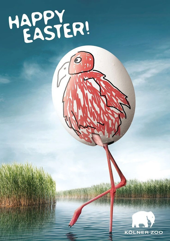 Easter creative ad: White egg with a hand-drawn flamingo, standing on real flamingo legs in water