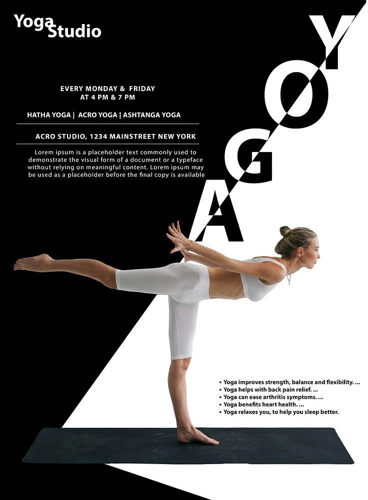 Yoga Studios creative ad: Diagonal split with YOGA letters; lorem ipsum
