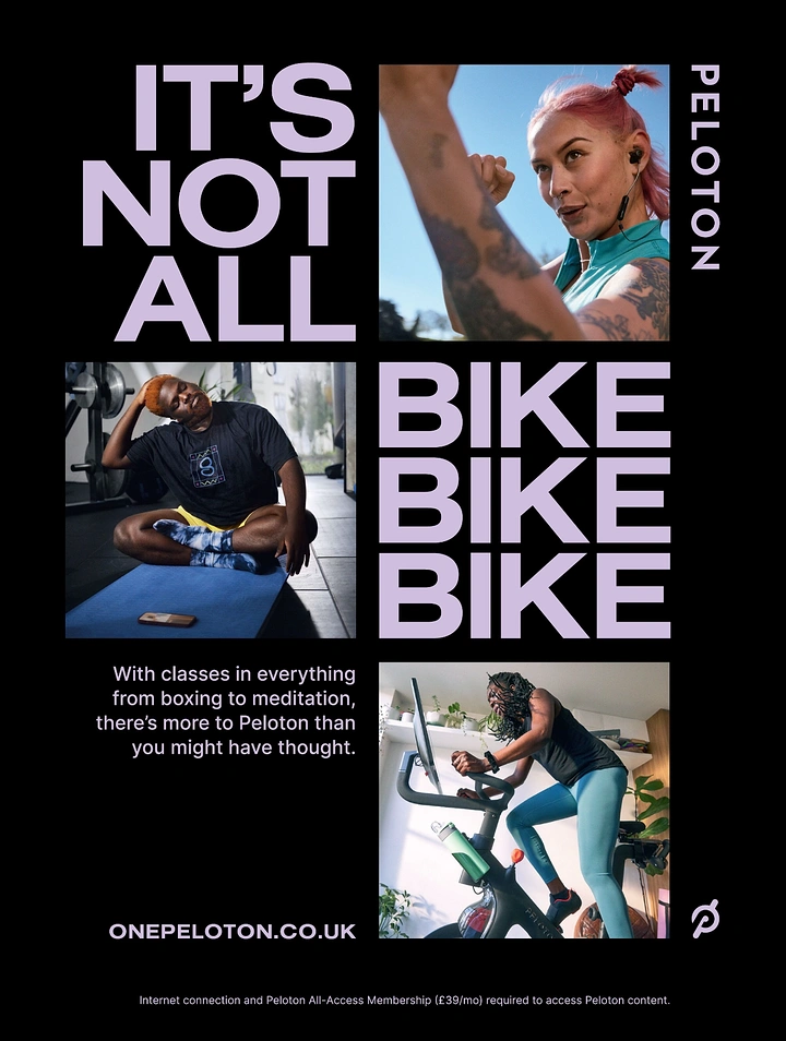 Gym & Fitness creative ad: Collage of diverse people doing cycling, boxing, and meditation workouts
