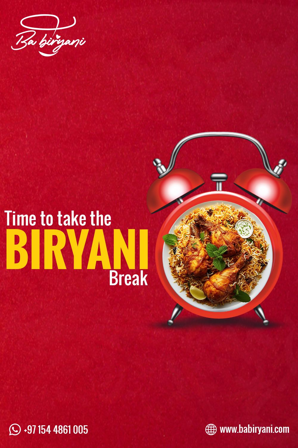 Instagram post: Red alarm clock whose face is a plate of chicken biryani