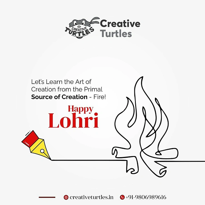 Lohri creative ad: Pen nib drawing a single-line bonfire