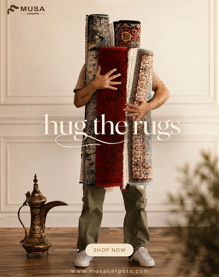Rugs & Carpets creative ad: People physically hug rolled rugs