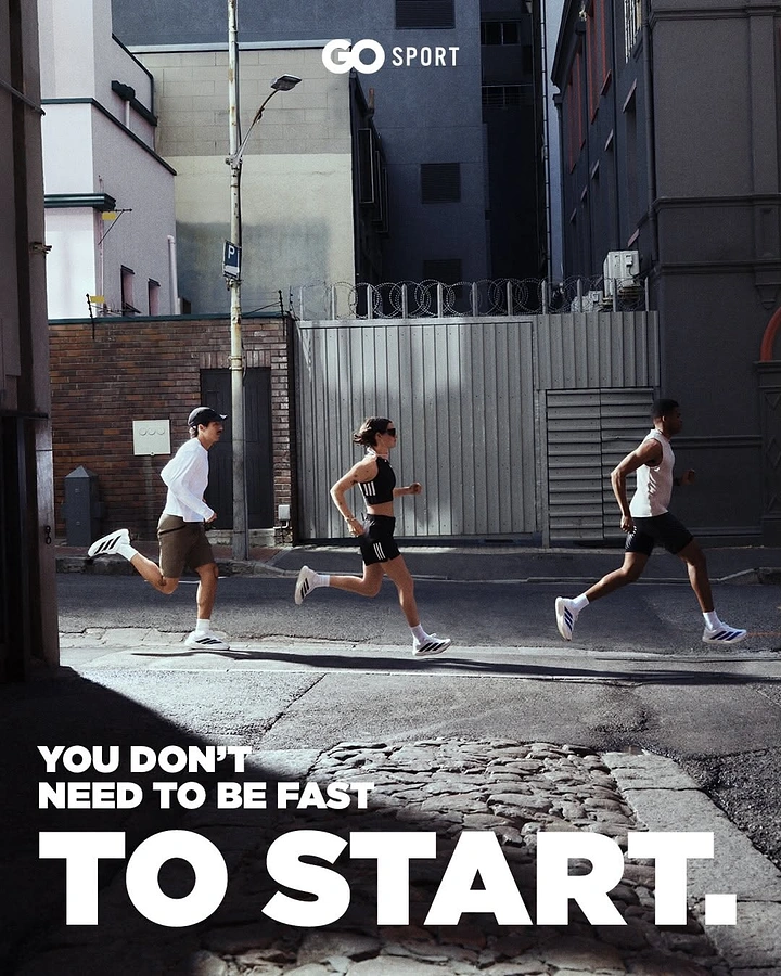 Sports Goods Stores creative ad: Three runners crossing a sunlit city street in profile