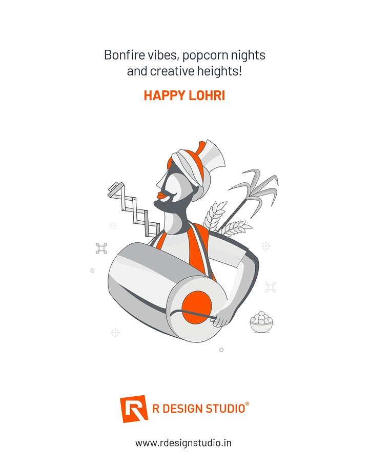 Lohri creative ad: Flat-illustrated Punjabi man playing a dhol