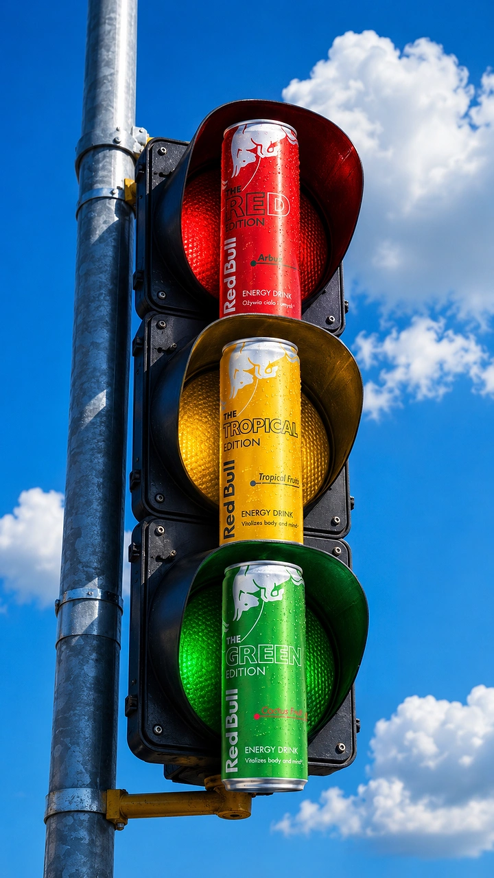 Energy & Sports Drinks creative ad: Cans cleverly arranged as traffic lights