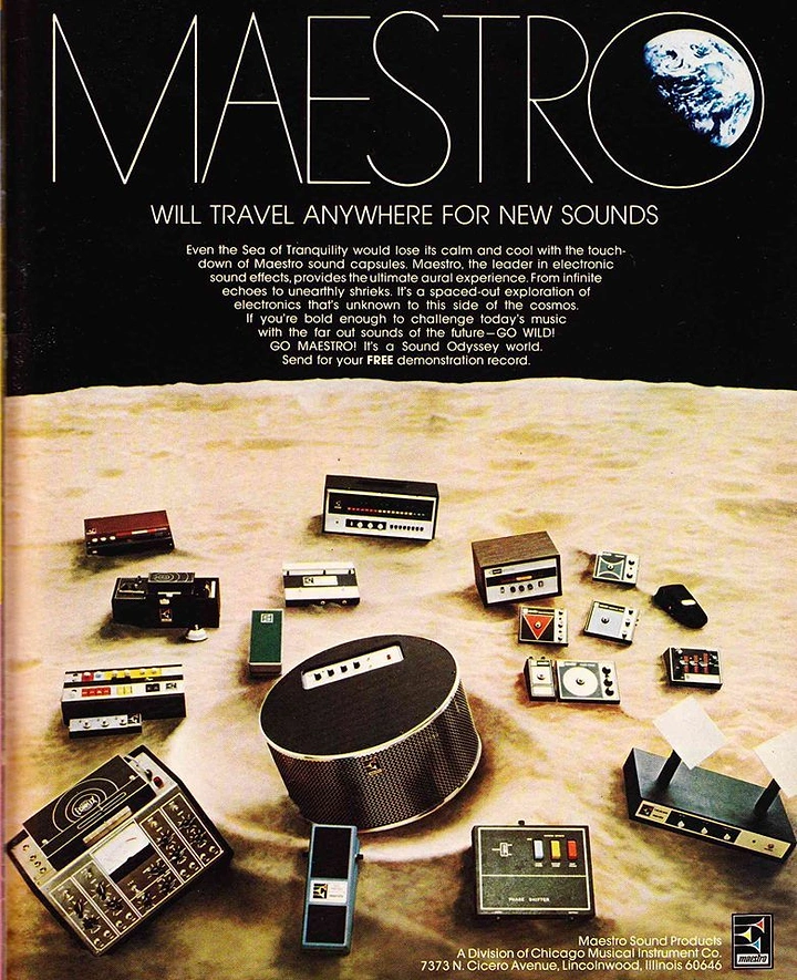 Music & Dance Classes creative ad: Electronic sound effects equipment scattered across a moonlike landscape