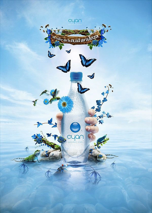 Packaged Drinking Water creative ad: Bottle becomes a blooming ecosystem