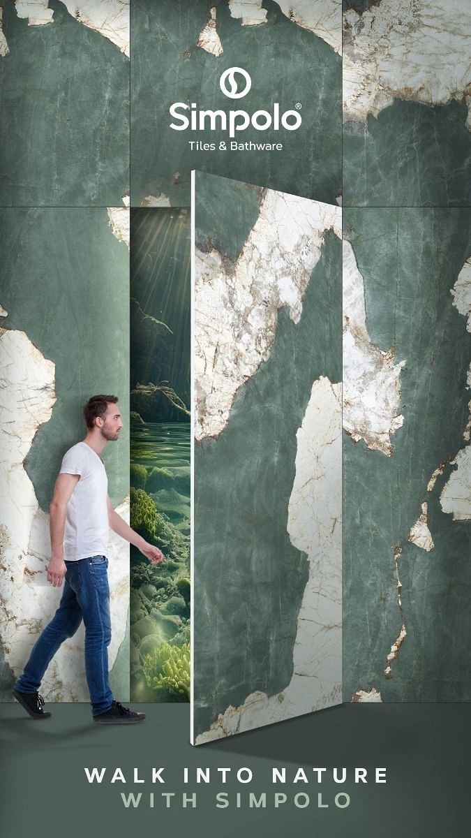 Cement, Steel & Building Materials creative ad: Man walking toward a green marble slab opening like a door onto an underwater scene
