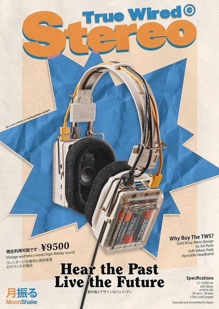 Creative ad: 3D-rendered boxy transparent retro headphones with visible wiring and batteries