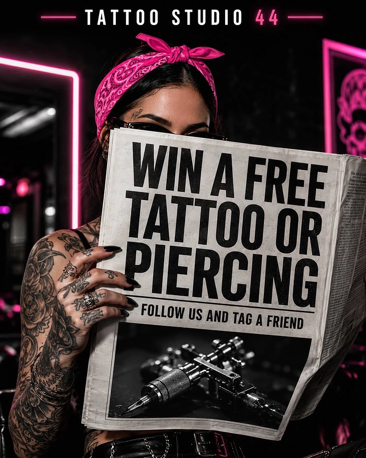 Tattoo Studios creative ad: Tattooed model holding newspaper giveaway headline