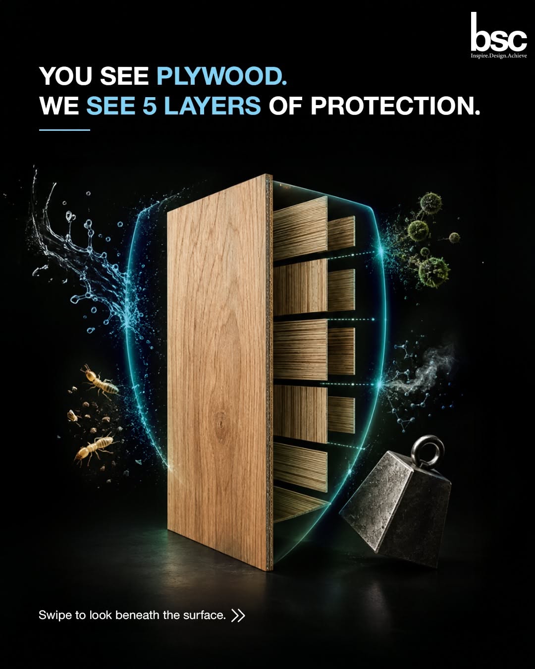 Carousel: Plywood panel in a glowing shield, fending off water, termites, fungus and weight, slide 1