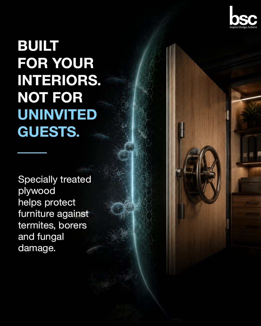 Carousel: Plywood panel in a glowing shield, fending off water, termites, fungus and weight, slide 2