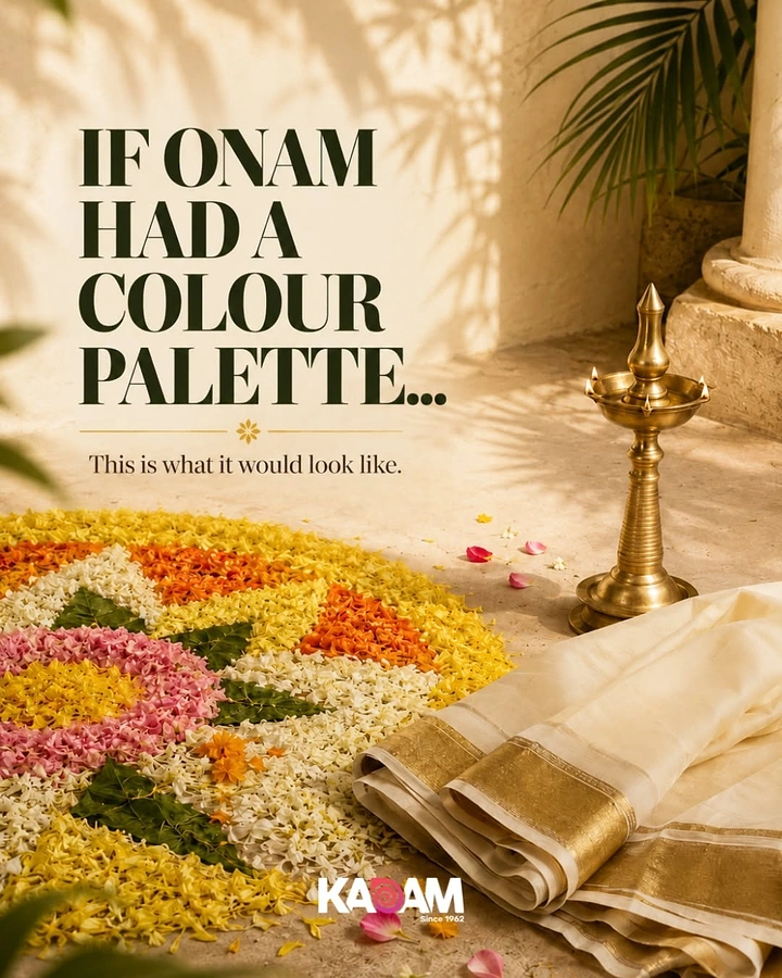 Onam creative ad: Flower pookalam beside a brass lamp and folded gold-bordered kasavu cloth