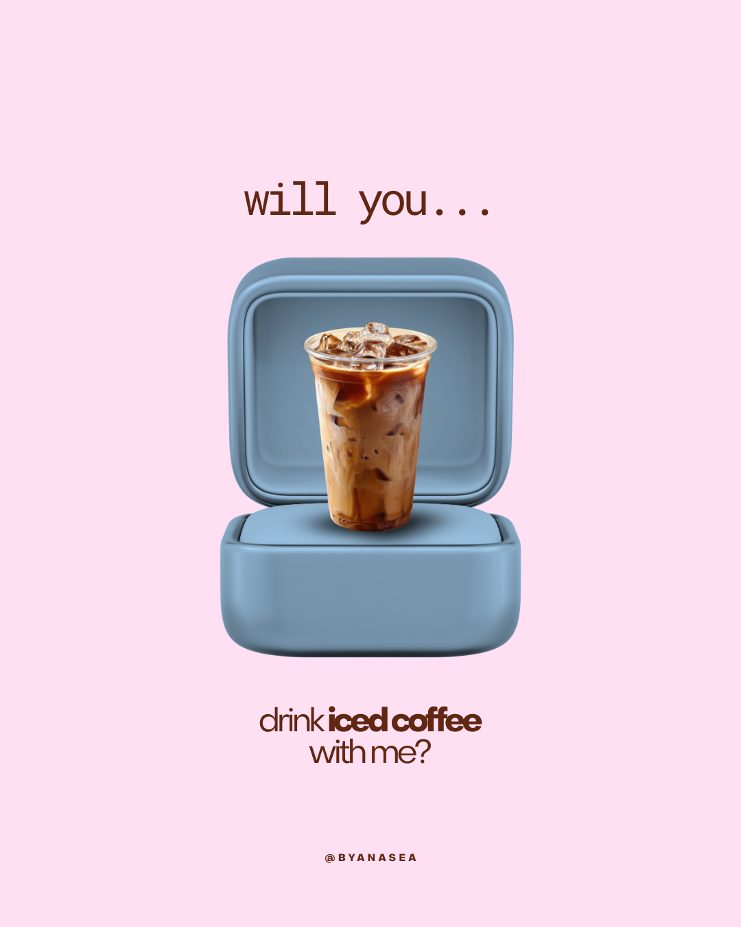 Valentine's Day Instagram post: Iced coffee presented inside an open ring box like a proposal
