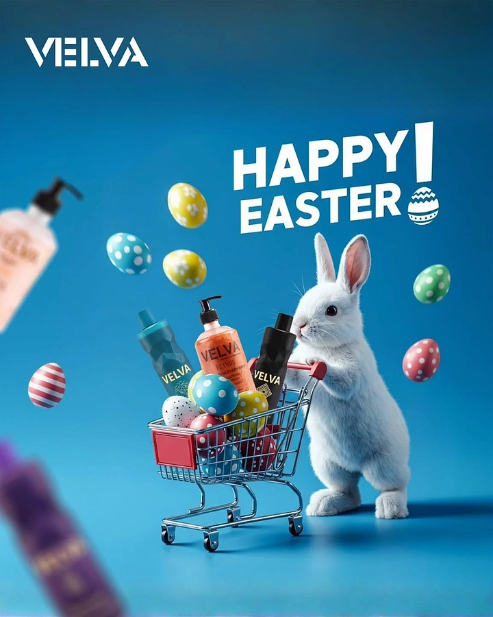 Easter creative ad: White bunny pushing mini shopping cart of branded bottles and eggs