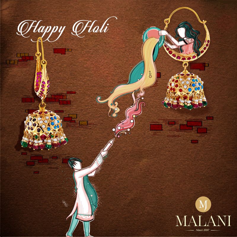 Holi Instagram post: Gemstone jhumka earrings with illustrated Holi couple playing with colour