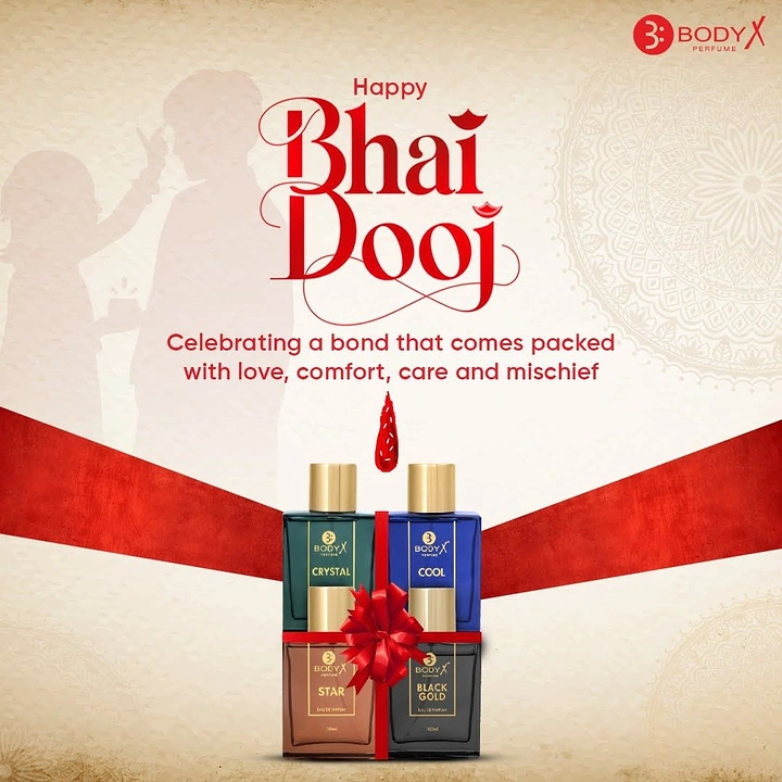 Bhai Dooj creative ad: Four perfume bottles tied as a gift with red ribbon