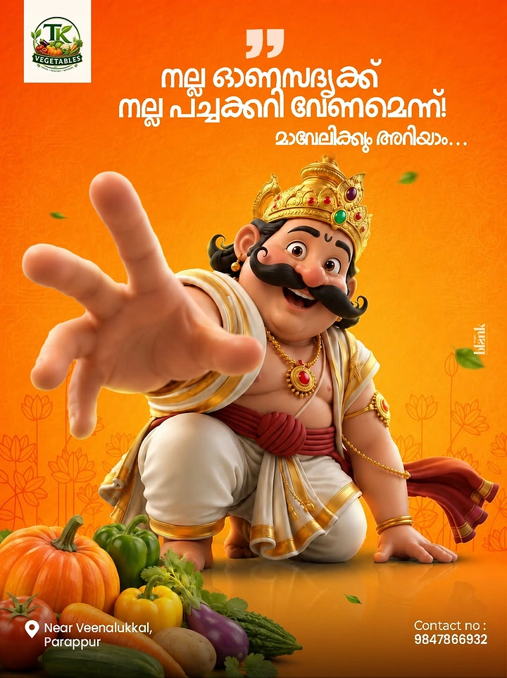 Onam creative ad: 3D Mahabali reaching out towards the viewer beside a vegetable pile