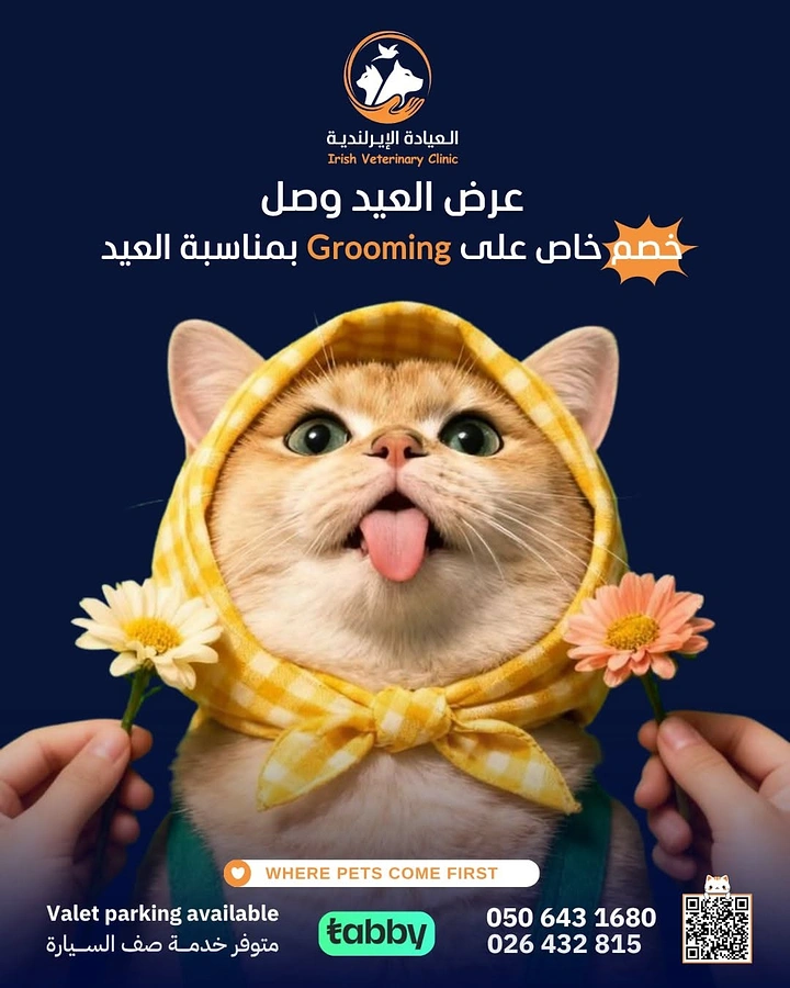 Pet Grooming creative ad: Cat in headscarf with flowers, festive Eid