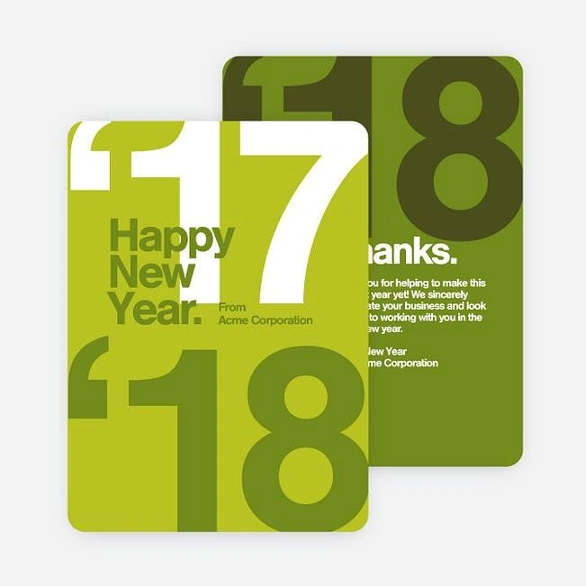 New Year creative ad: Two overlapping green New Year cards with giant numerals