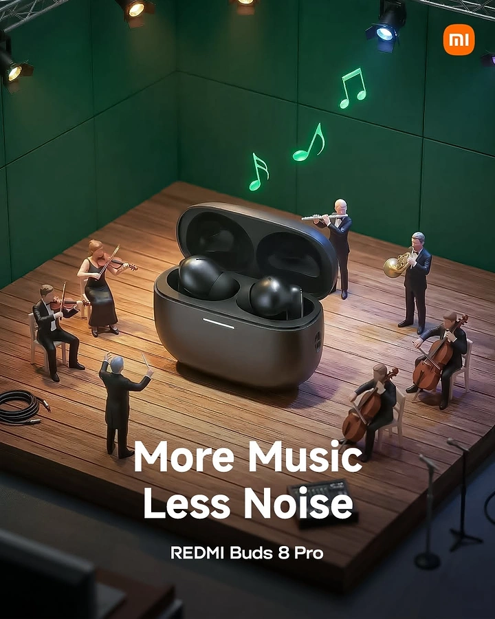 Electronics creative ad: Open earbud case on a miniature stage surrounded by tiny orchestra musicians
