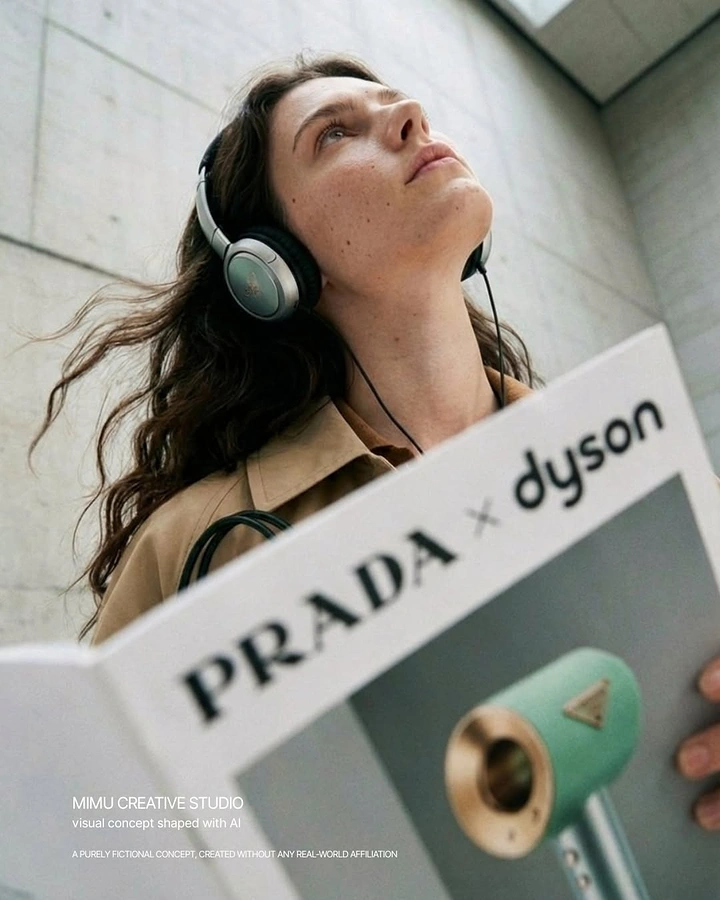 Headphones & Speakers creative ad: Prada-Dyson fashion product crossover