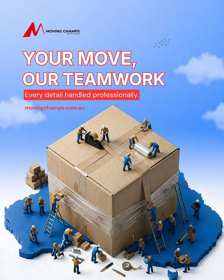 Movers & Packers creative ad: Miniature workers packing giant box